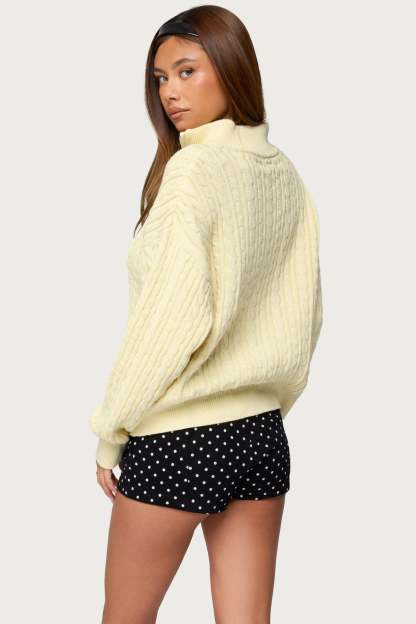Sarie Cable Knit Quarter Zip Sweater - LIGHT-YELLOW