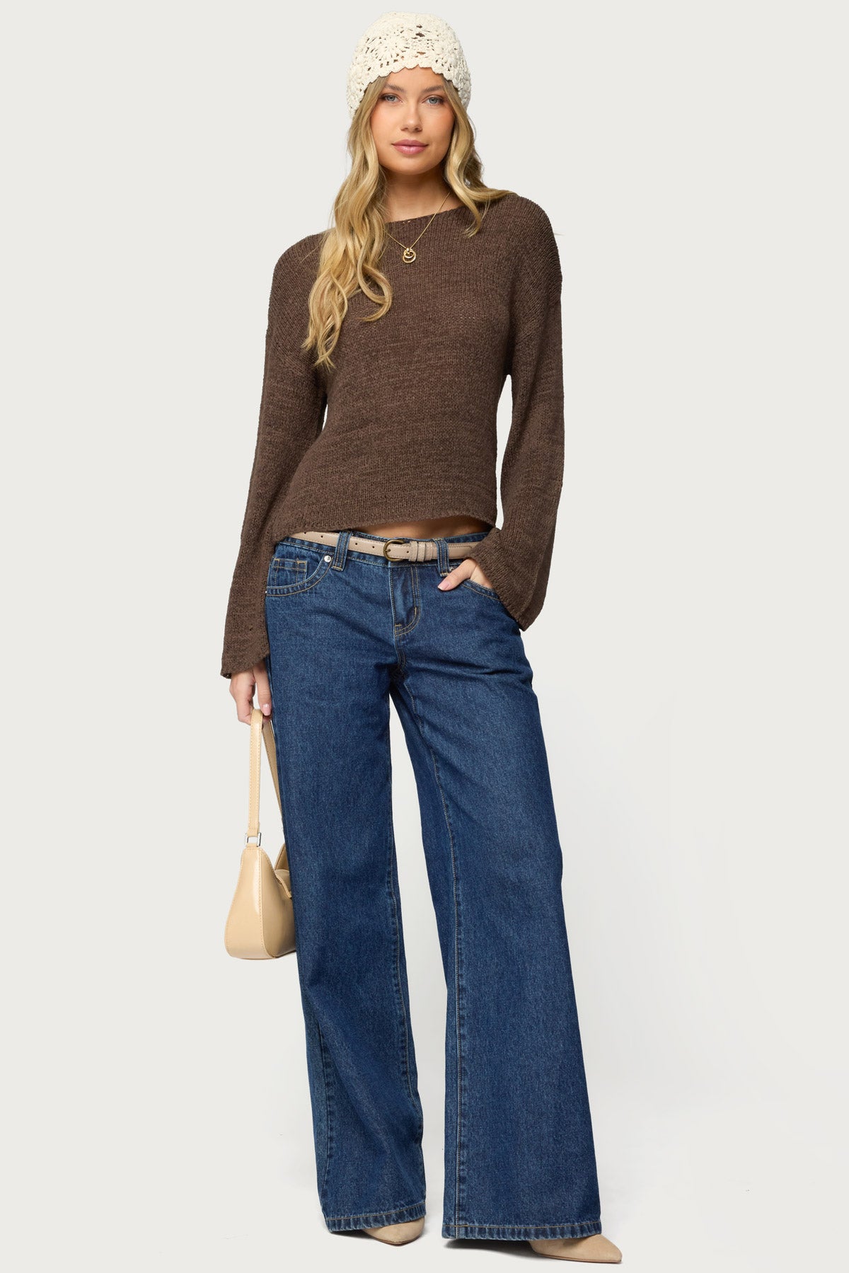Drop Shoulder Light Knit Sweater - BROWN