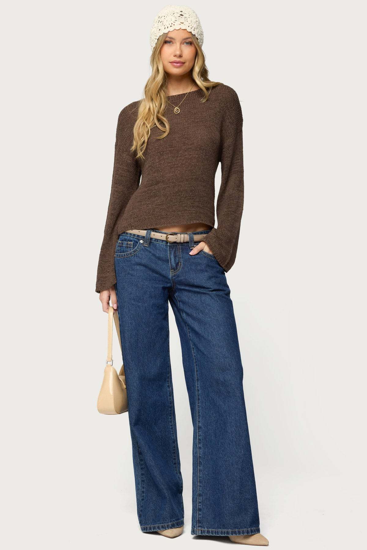 Drop Shoulder Light Knit Sweater - BROWN