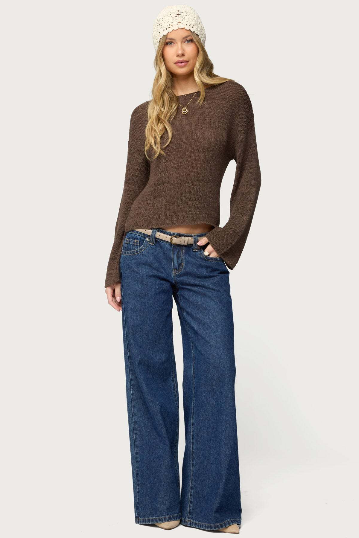 Drop Shoulder Light Knit Sweater - BROWN