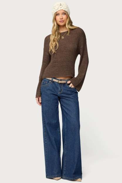 Drop Shoulder Light Knit Sweater - BROWN