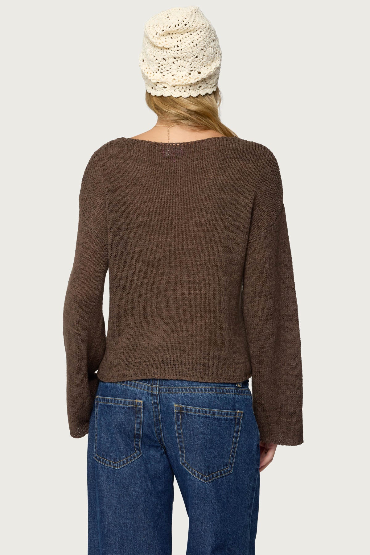 Drop Shoulder Light Knit Sweater - BROWN