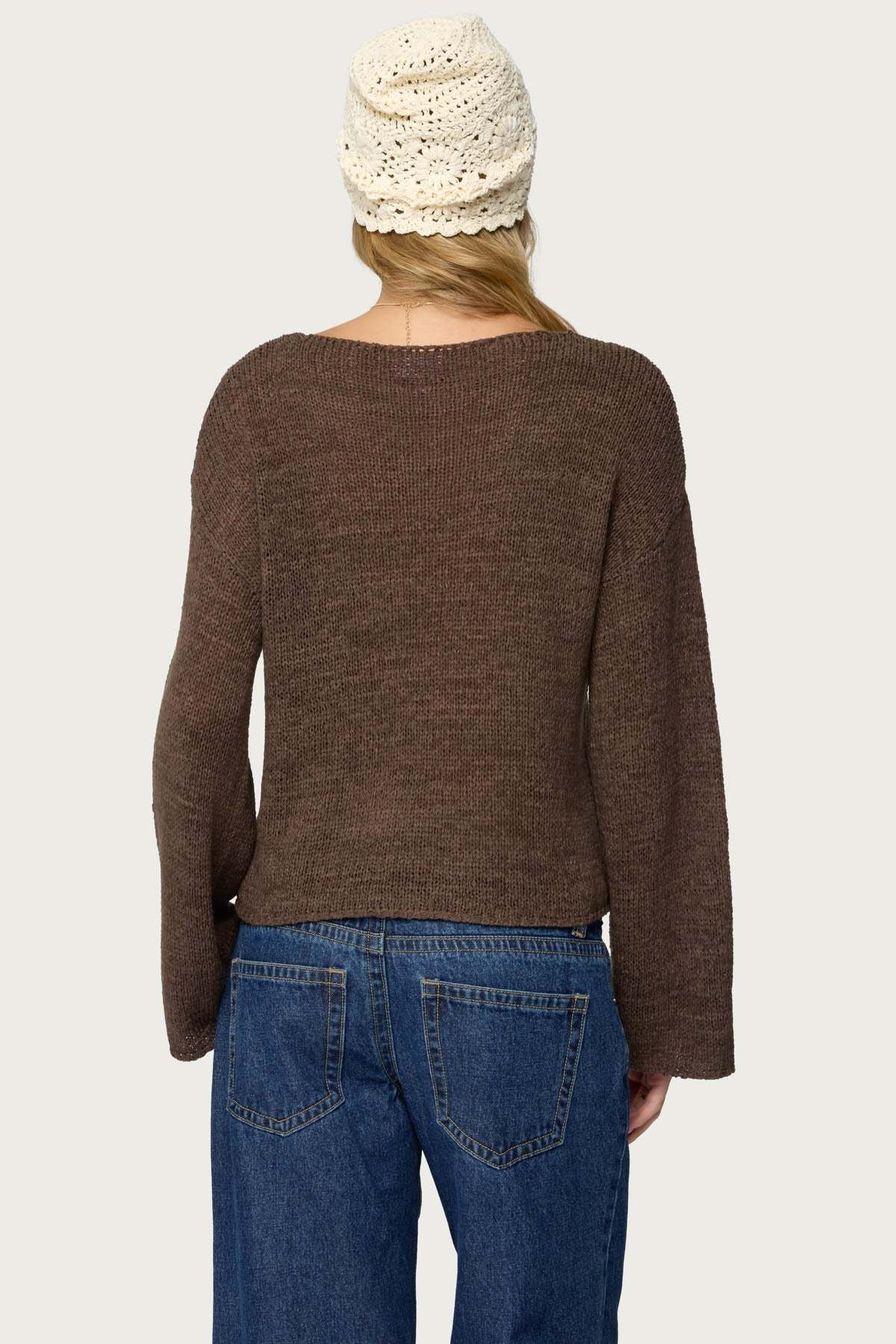Drop Shoulder Light Knit Sweater - BROWN
