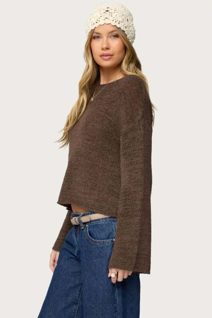 Drop Shoulder Light Knit Sweater - BROWN