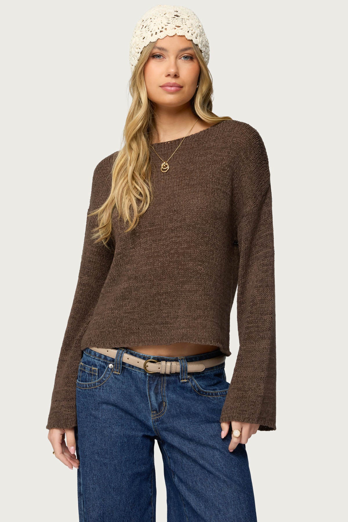 Drop Shoulder Light Knit Sweater - BROWN