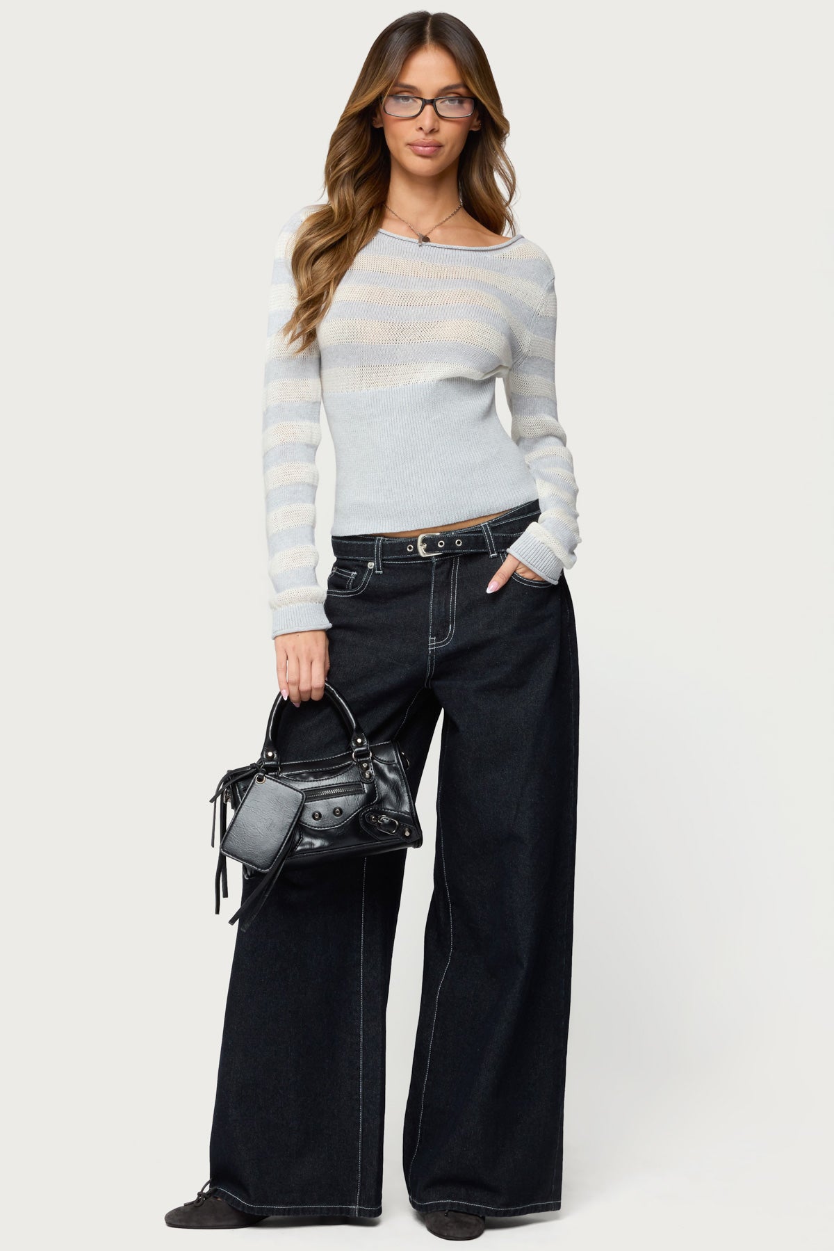 Cornella Boat Neck Striped Knit Top - GRAY-AND-WHITE