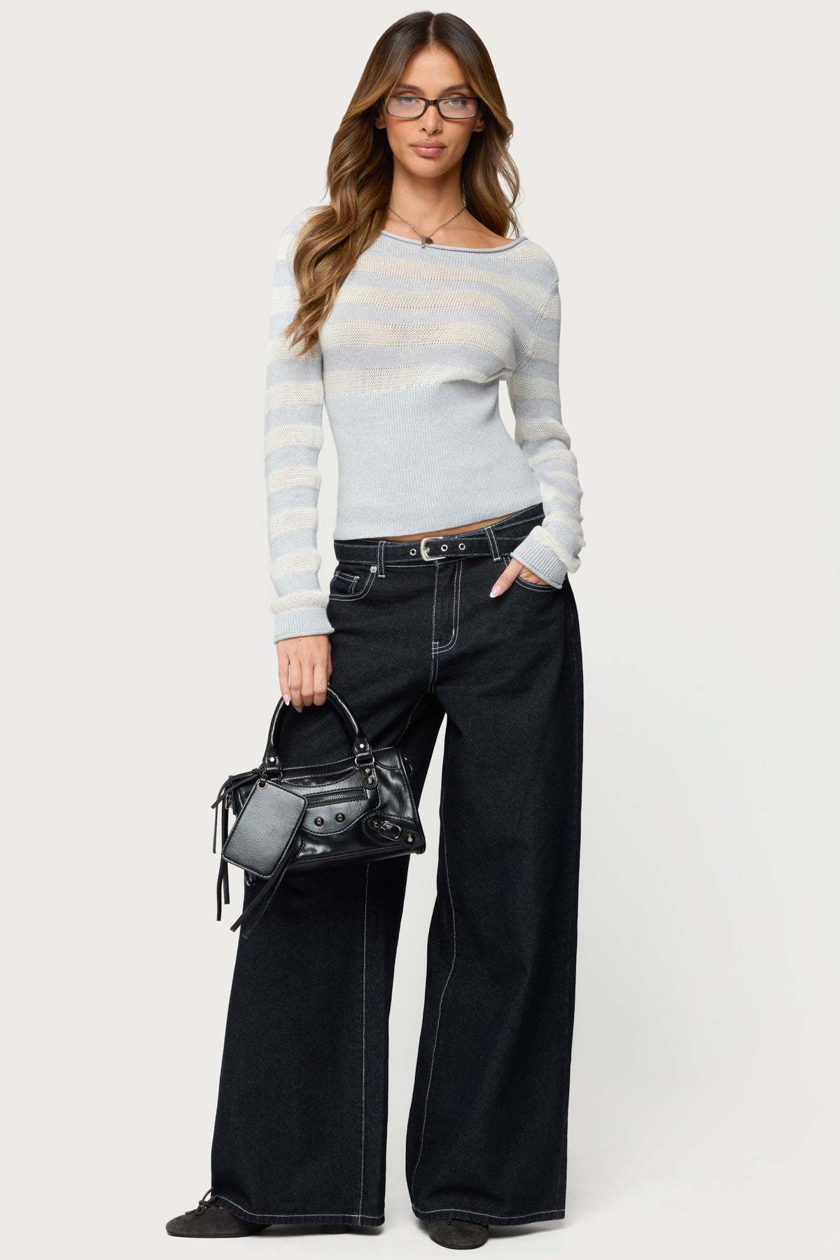 Cornella Boat Neck Striped Knit Top - GRAY-AND-WHITE