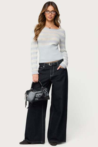 Cornella Boat Neck Striped Knit Top - GRAY-AND-WHITE