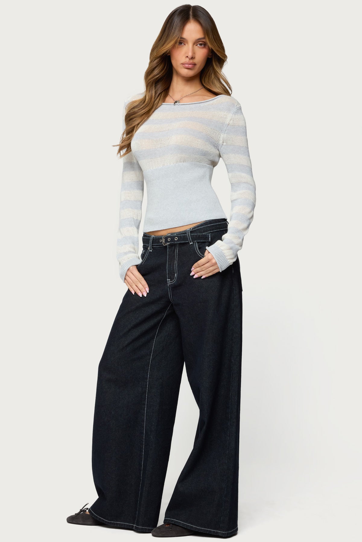 Cornella Boat Neck Striped Knit Top - GRAY-AND-WHITE