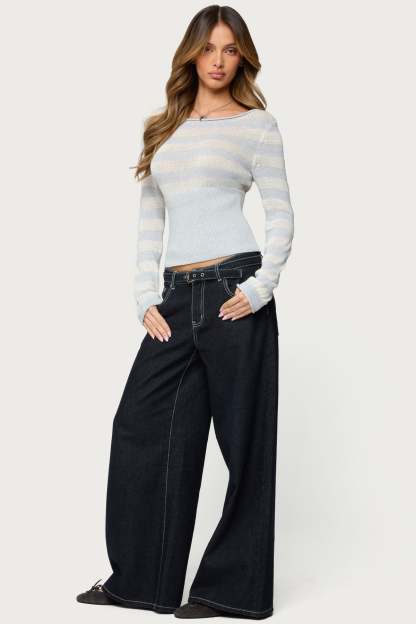 Cornella Boat Neck Striped Knit Top - GRAY-AND-WHITE