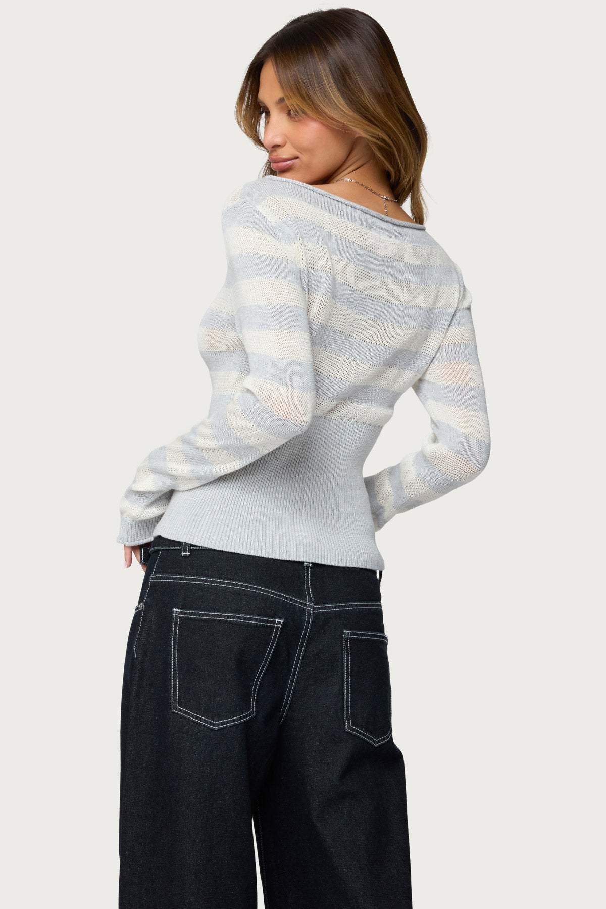 Cornella Boat Neck Striped Knit Top - GRAY-AND-WHITE