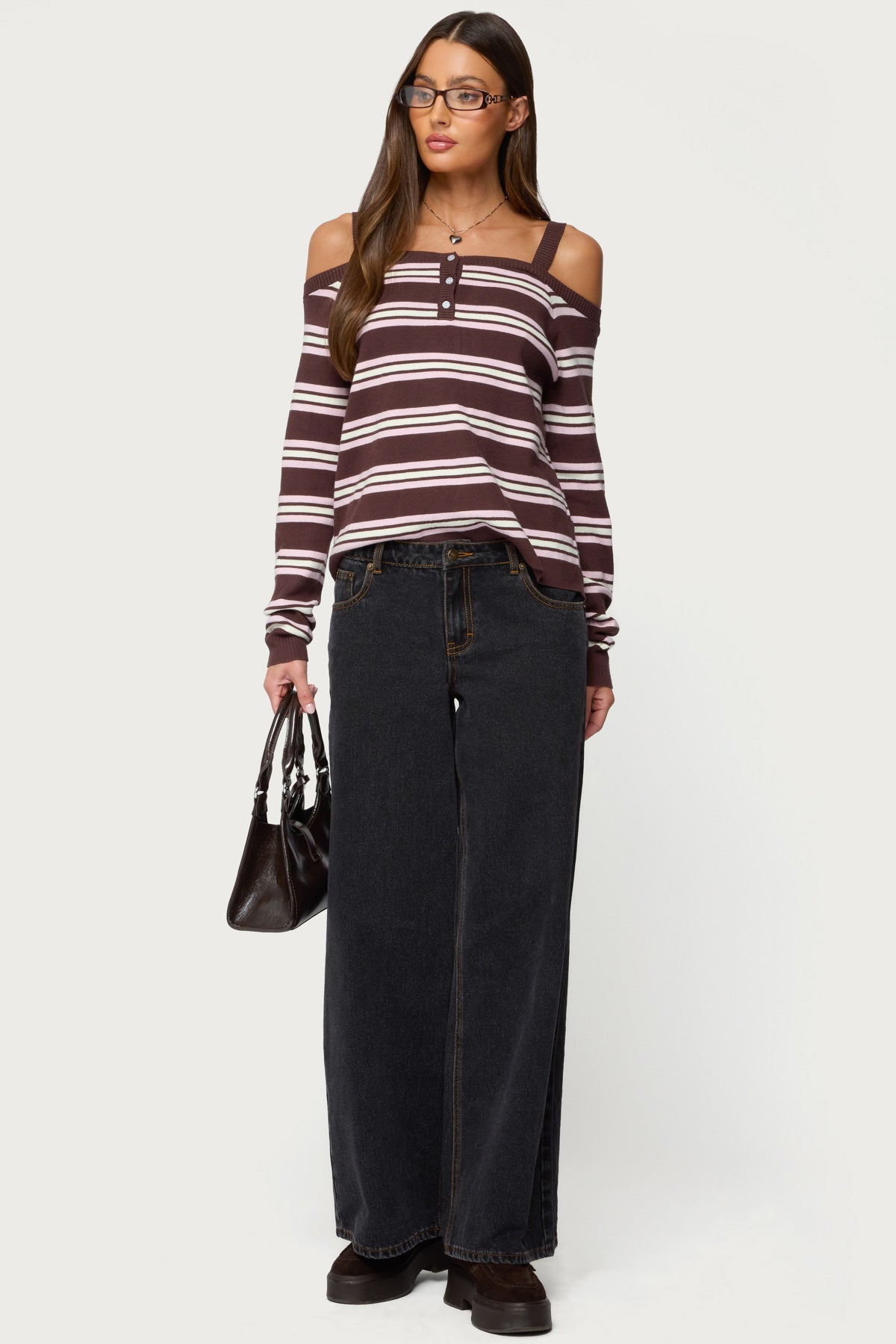 Shyla Off Shoulder Striped Knit Top - BROWN