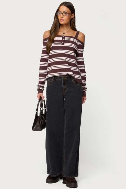 Shyla Off Shoulder Striped Knit Top - BROWN