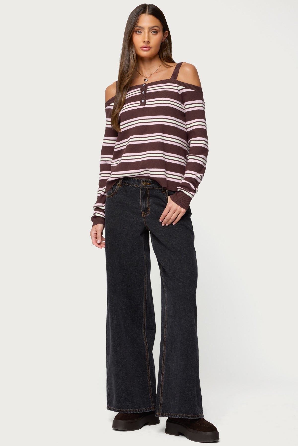 Shyla Off Shoulder Striped Knit Top - BROWN