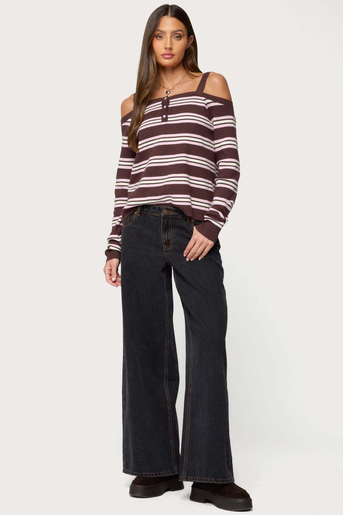 Shyla Off Shoulder Striped Knit Top - BROWN
