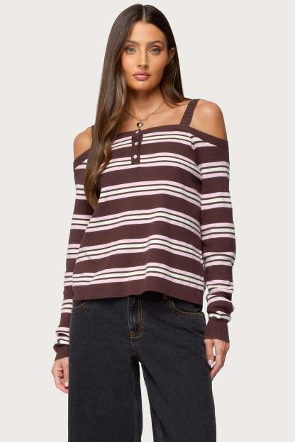 Shyla Off Shoulder Striped Knit Top - BROWN