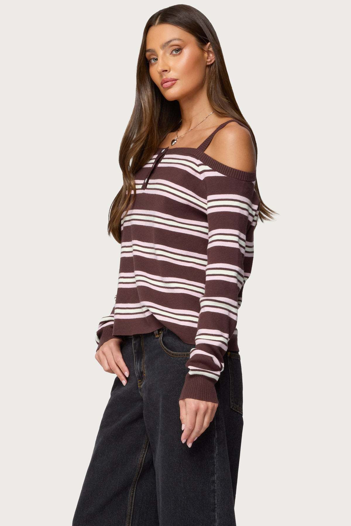 Shyla Off Shoulder Striped Knit Top - BROWN