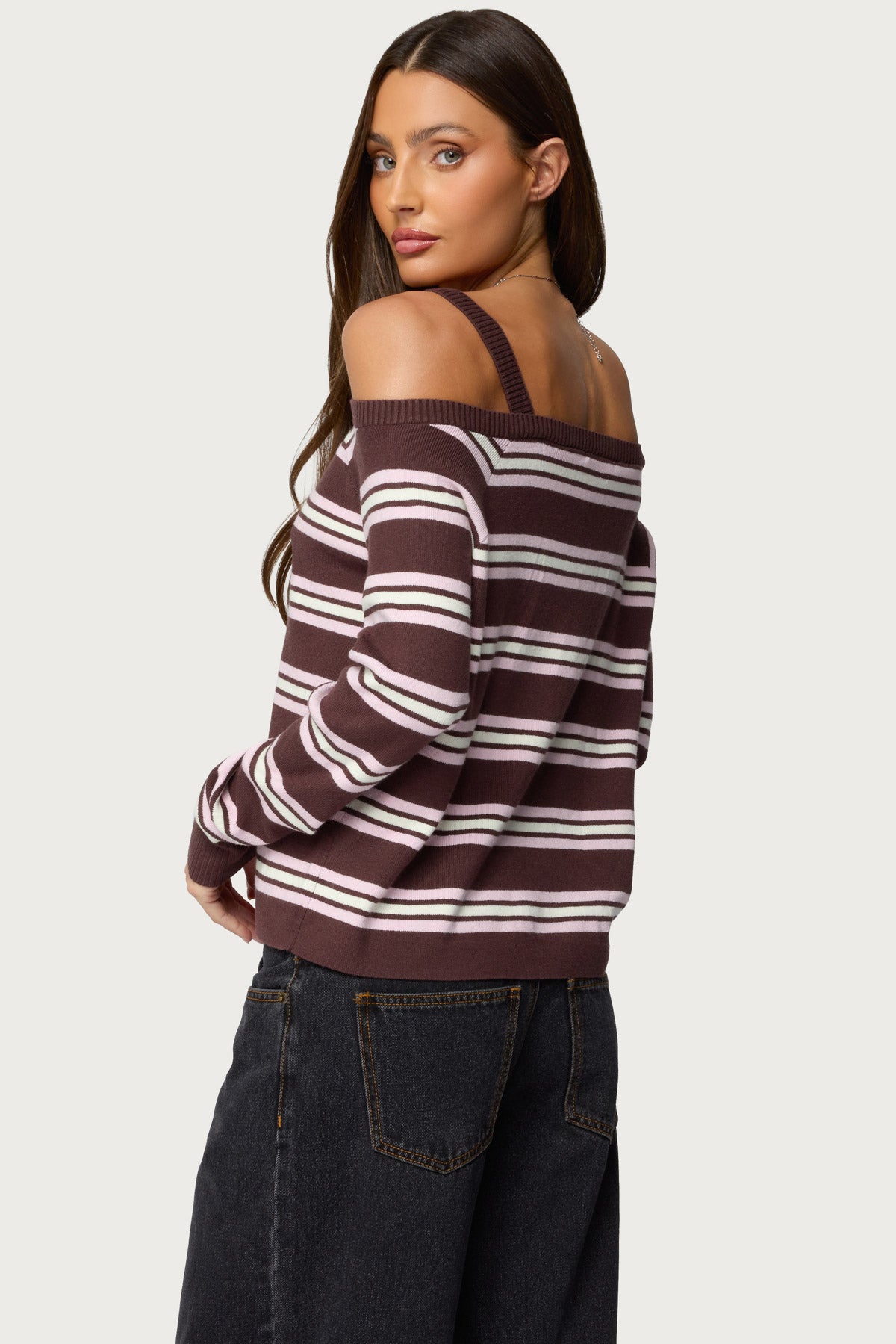 Shyla Off Shoulder Striped Knit Top - BROWN