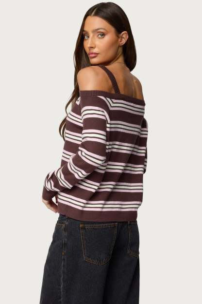 Shyla Off Shoulder Striped Knit Top - BROWN