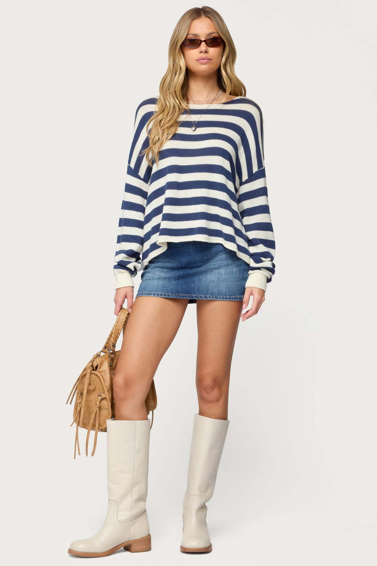 Anney Oversized Striped Sweater - BLUE AND CREAM