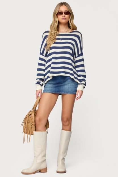 Anney Oversized Striped Sweater - BLUE AND CREAM