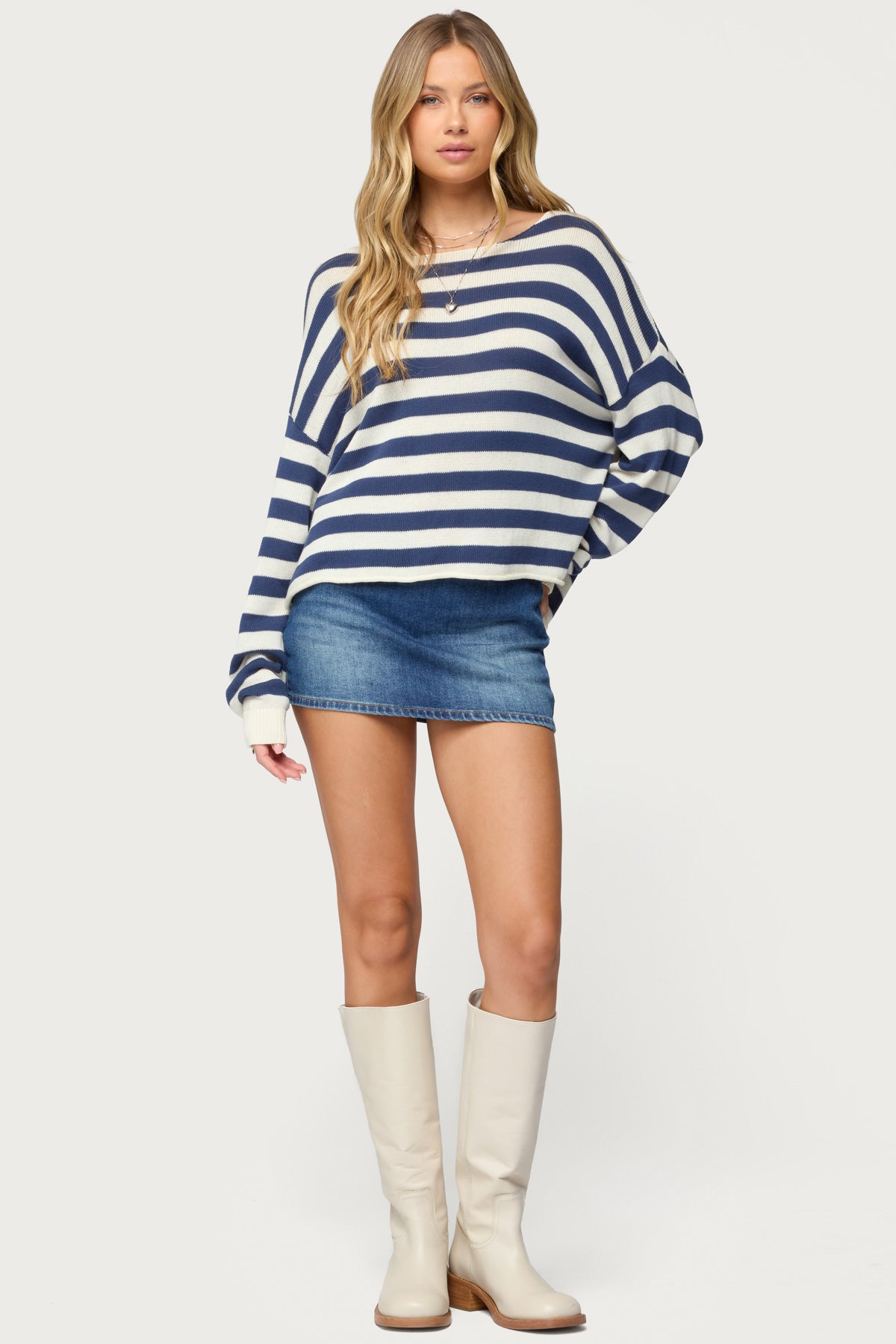 Anney Oversized Striped Sweater - BLUE AND CREAM