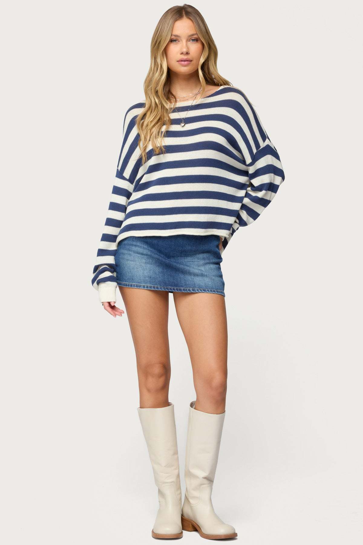 Anney Oversized Striped Sweater - BLUE AND CREAM