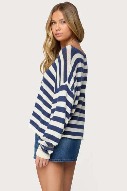 Anney Oversized Striped Sweater - BLUE AND CREAM