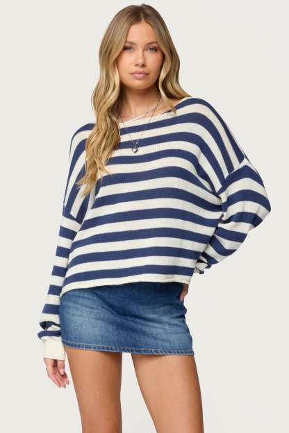 Anney Oversized Striped Sweater - BLUE AND CREAM