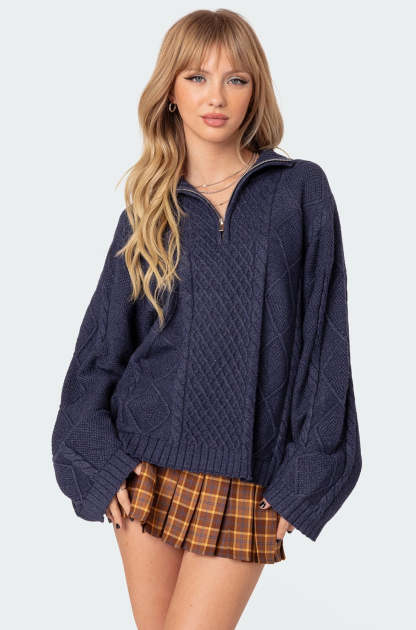 Oversized Quarter Zip Cable Knit Sweater - NAVY