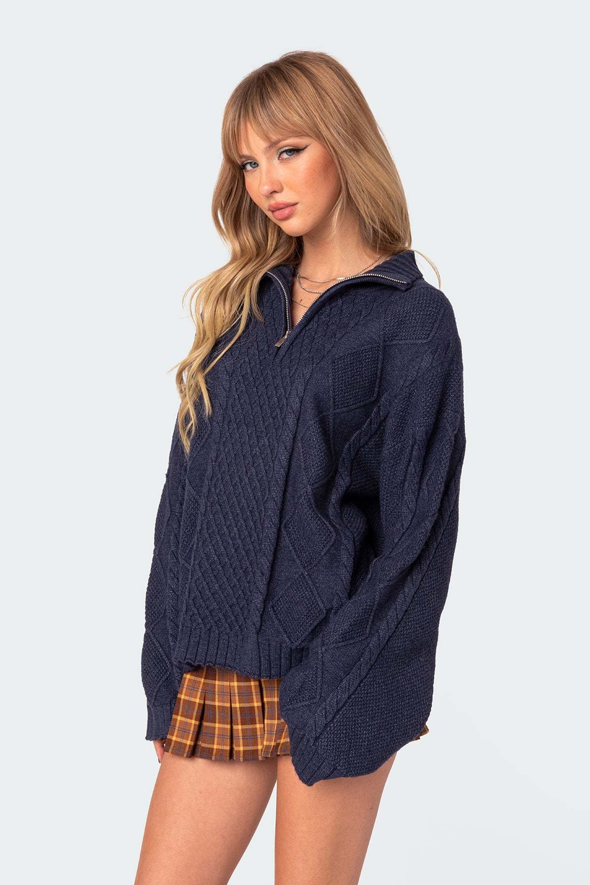 Oversized Quarter Zip Cable Knit Sweater - NAVY