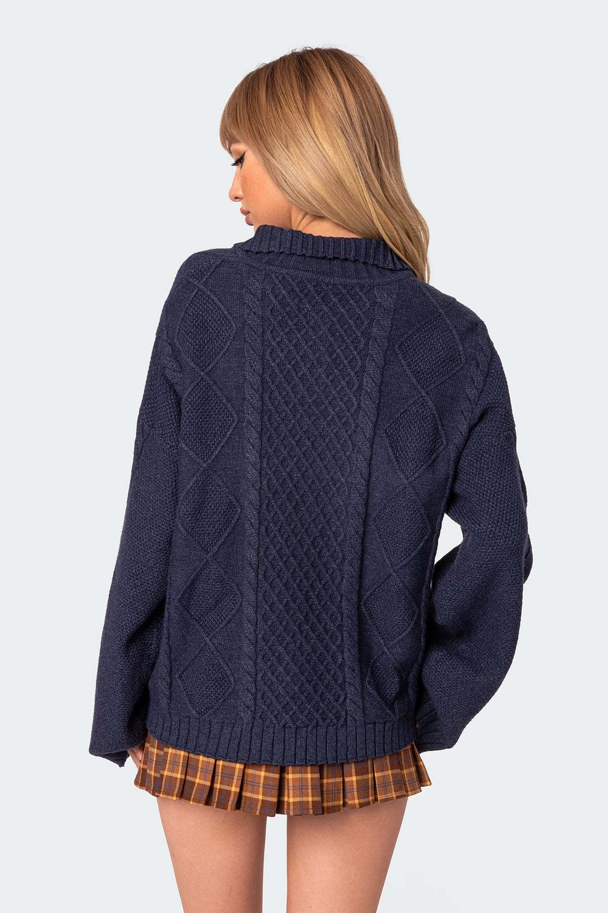 Oversized Quarter Zip Cable Knit Sweater - NAVY