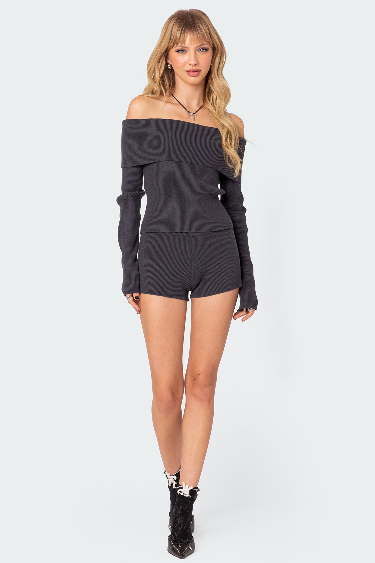 Miriam Fold Over Knit Top - DARK GRAY