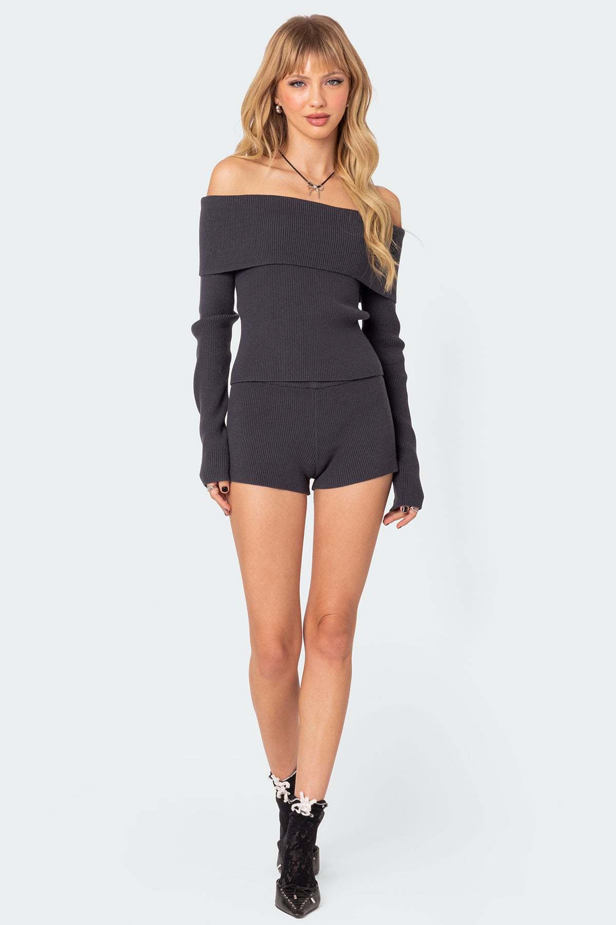 Miriam Fold Over Knit Top - DARK GRAY