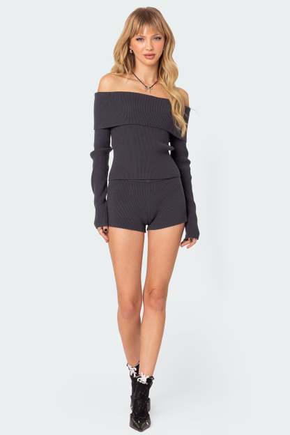 Miriam Fold Over Knit Top - DARK GRAY
