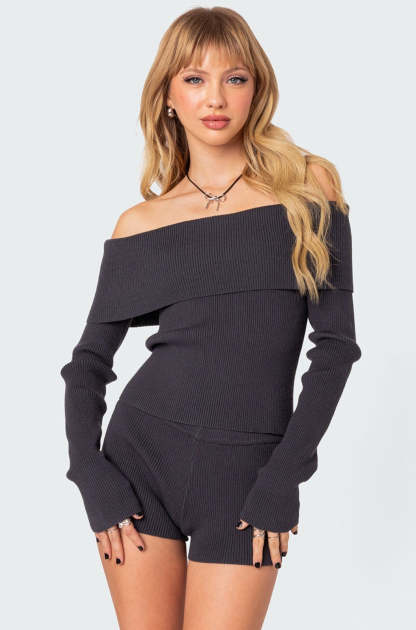 Miriam Fold Over Knit Top - DARK GRAY