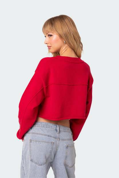 Varsity Cropped Sweater - RED