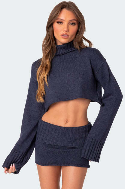 Gino Cropped Turtle Neck Sweater - BLUE MELANGE