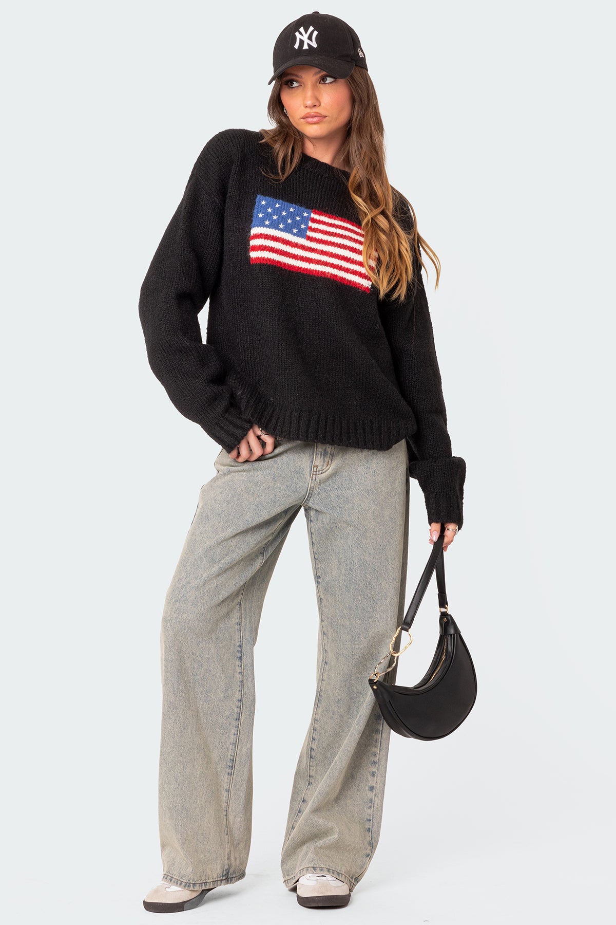 USA Oversized Chunky Knit Sweater - BLACK