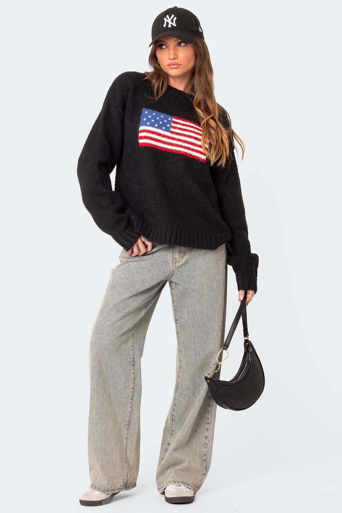 USA Oversized Chunky Knit Sweater - BLACK