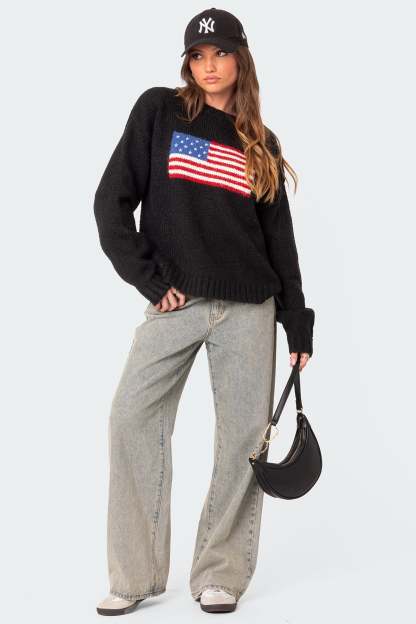 USA Oversized Chunky Knit Sweater - BLACK