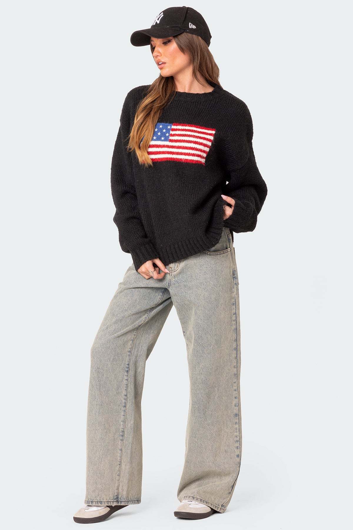 USA Oversized Chunky Knit Sweater - BLACK