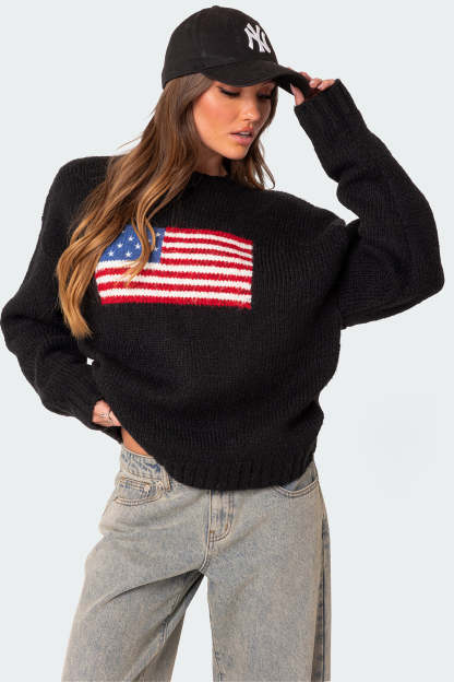 USA Oversized Chunky Knit Sweater - BLACK