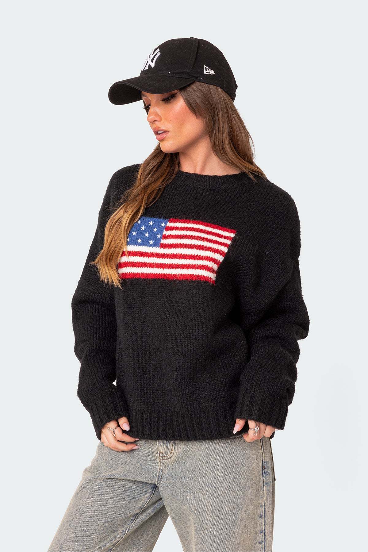 USA Oversized Chunky Knit Sweater - BLACK