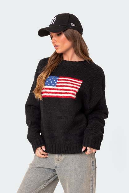 USA Oversized Chunky Knit Sweater - BLACK