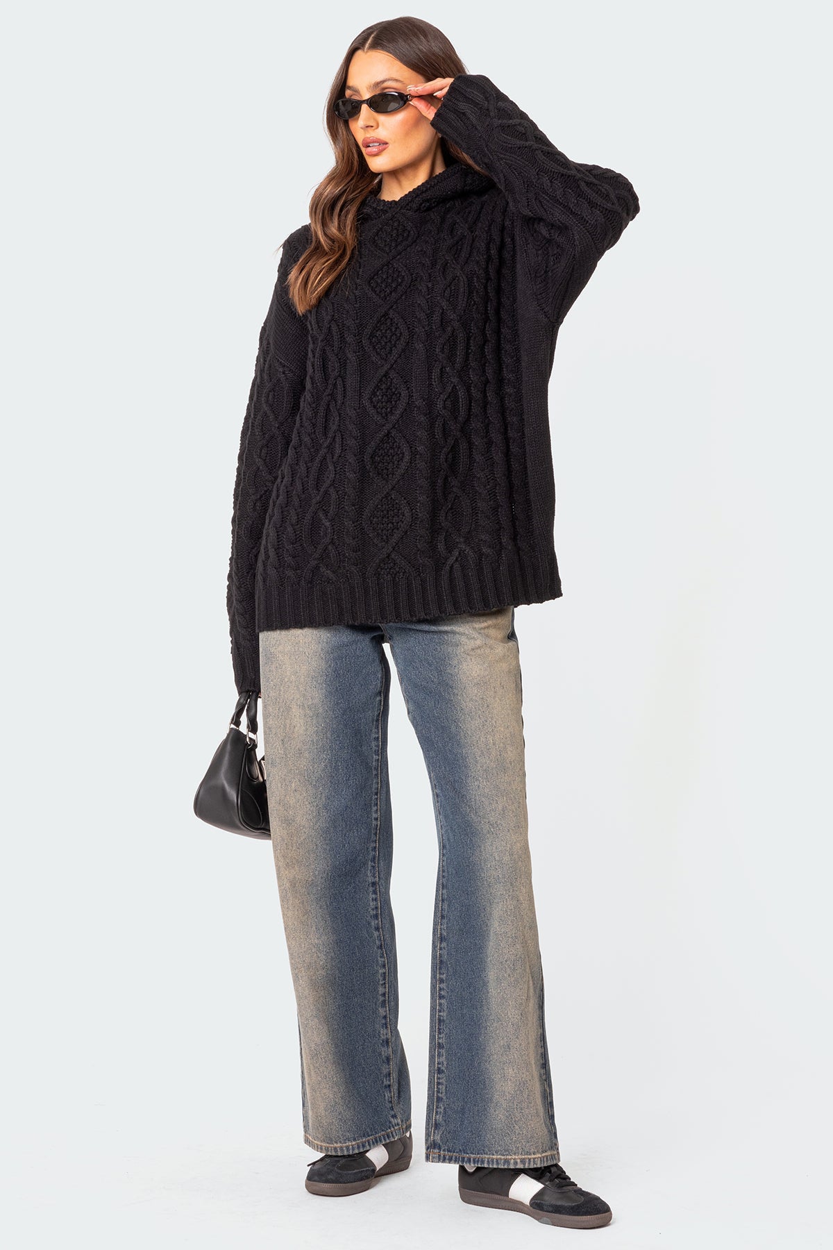 Oversized Cable Knit Hoodie - BLACK