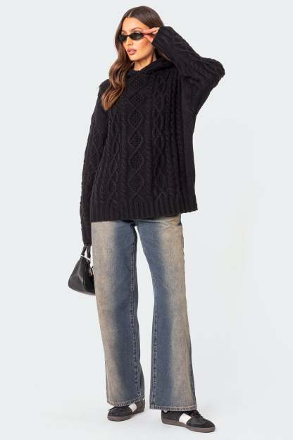 Oversized Cable Knit Hoodie - BLACK