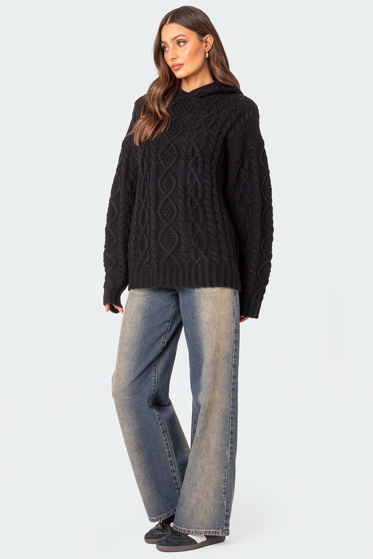 Oversized Cable Knit Hoodie - BLACK
