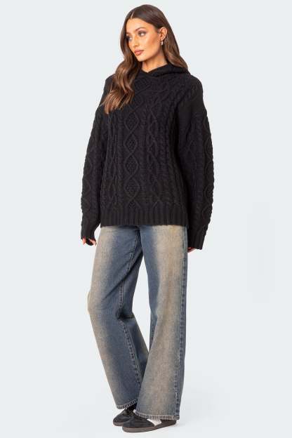 Oversized Cable Knit Hoodie - BLACK