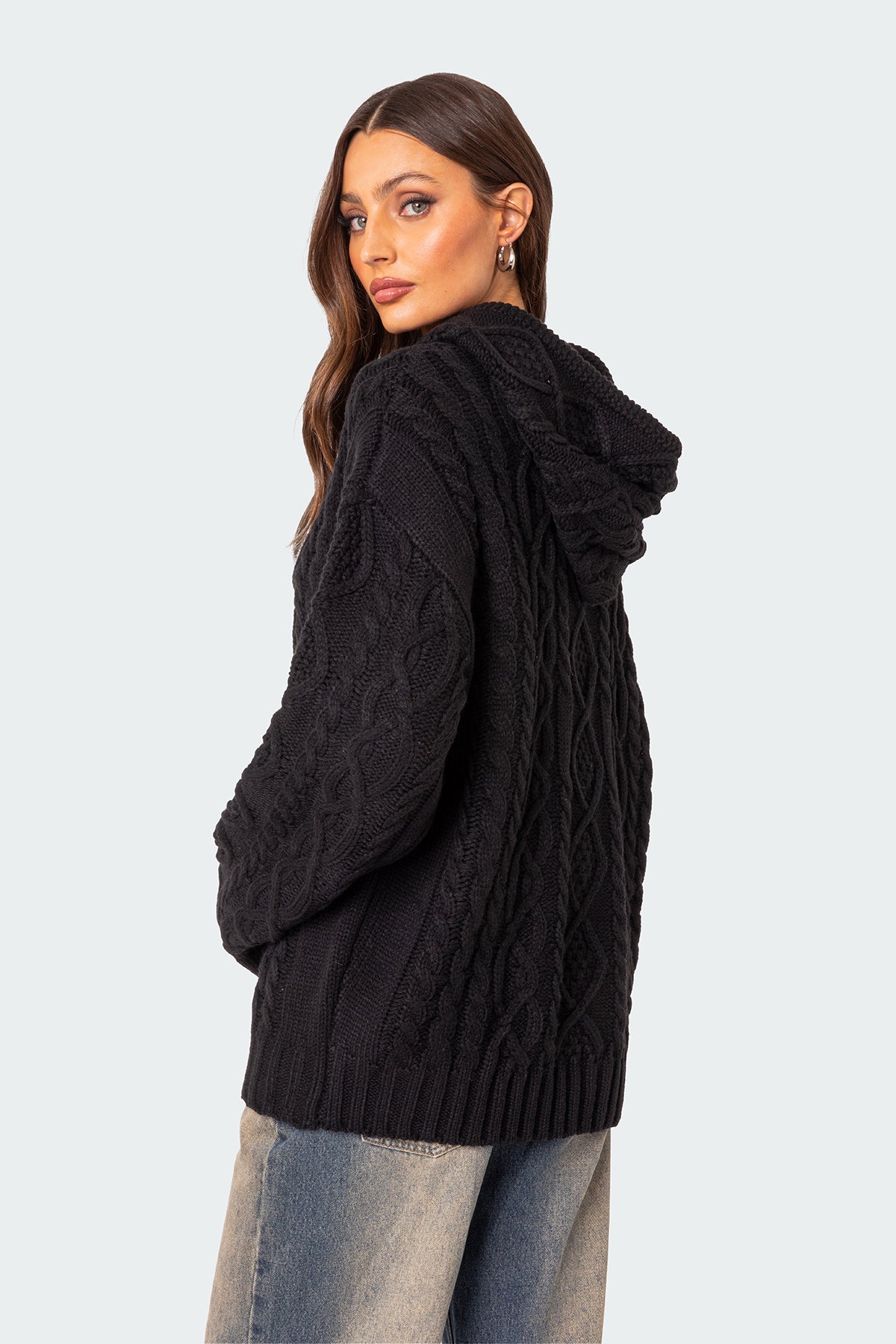 Oversized Cable Knit Hoodie - BLACK